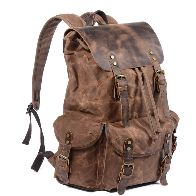 Mens Vintage Leather Backpack Drawstring