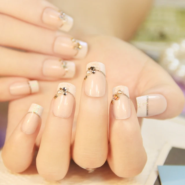 24 pcs Senior Bride Wedding Fake Nails Normal Length