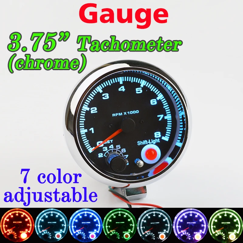 

DRAGON GAUGE Car Gauge 3.75 Inch 95mm Tachometer Chrome for 7 LED Colors Adjustable 12V 3 3/4" Meter 0-8000 RPM TAC Shift-Light