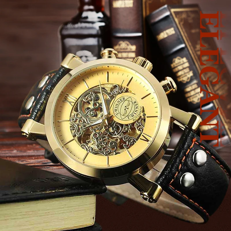 

T-Winner Men's Watch Newest Design Automatic Self-Wind Black Genuine Leather Strap Skeleton Vogue Wristwatch with Gift Box