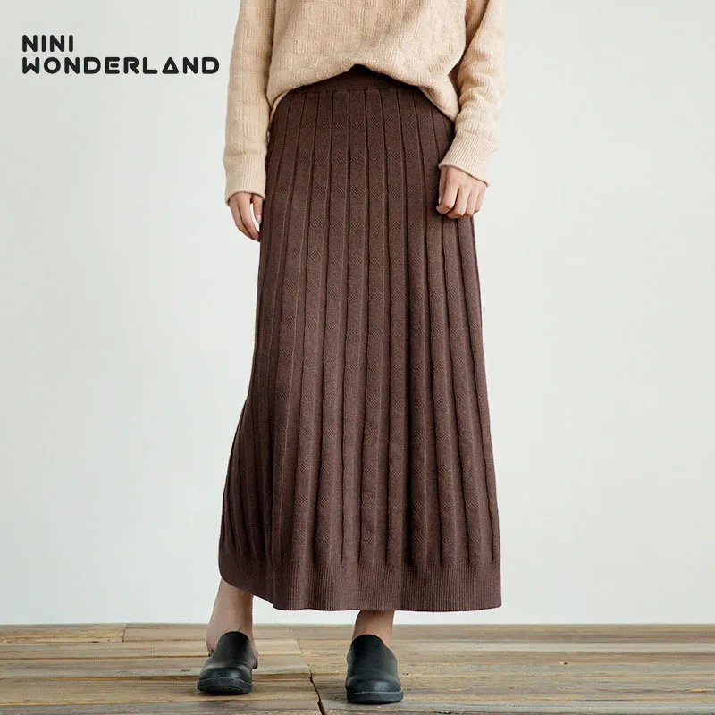 

NINI WONDERLAND 2018 Autumn Winter Knitted Skirt Women Knit Hight Waist Long Skirts Solid Vintage Skirt Female Clothes Big Size