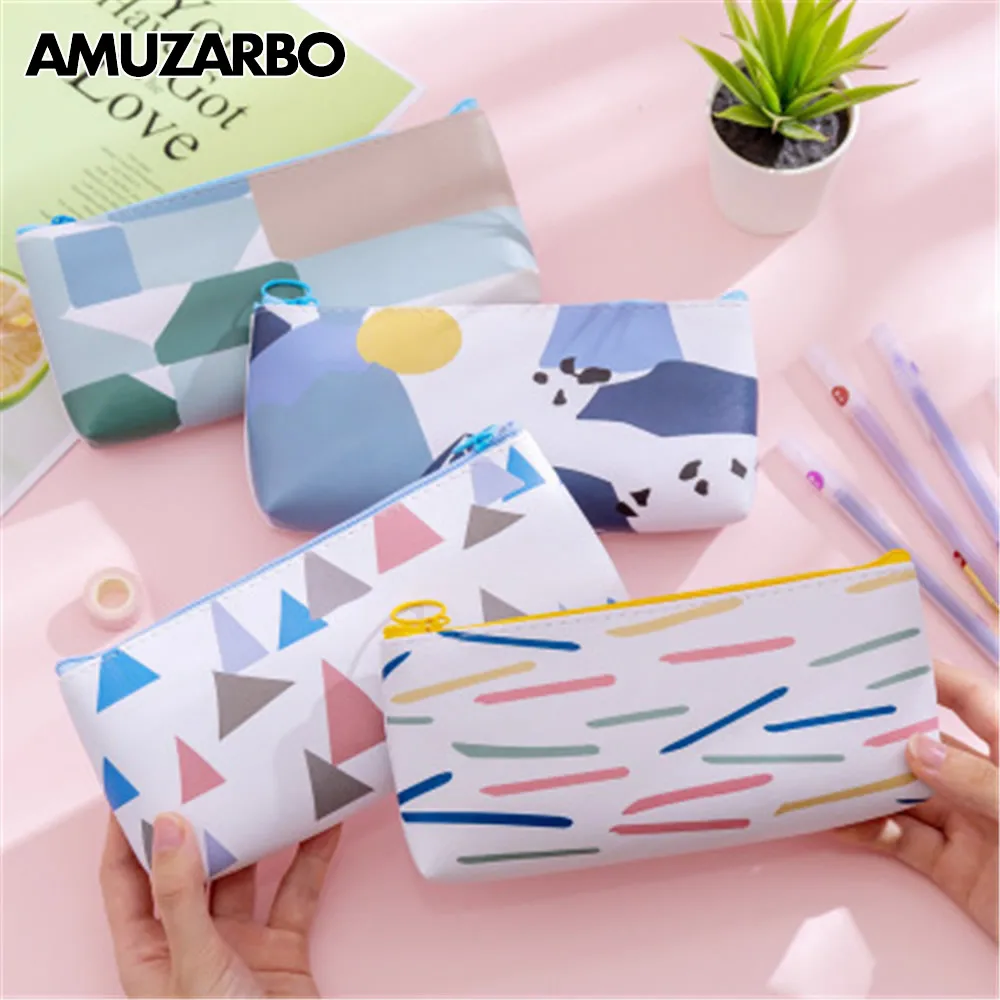 

Creative simple color block PU pencil case Small fresh and lovely student large capacity storage pencil box stationery bag