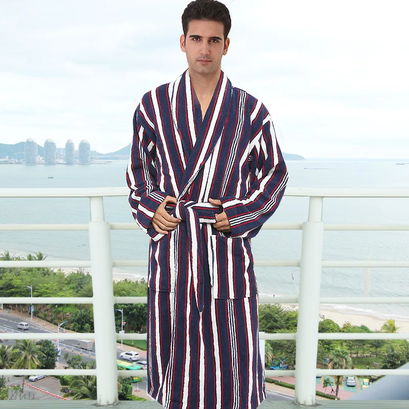 100 pure cotton satin stripe bathrobes robe Unisex long sleeve terry
