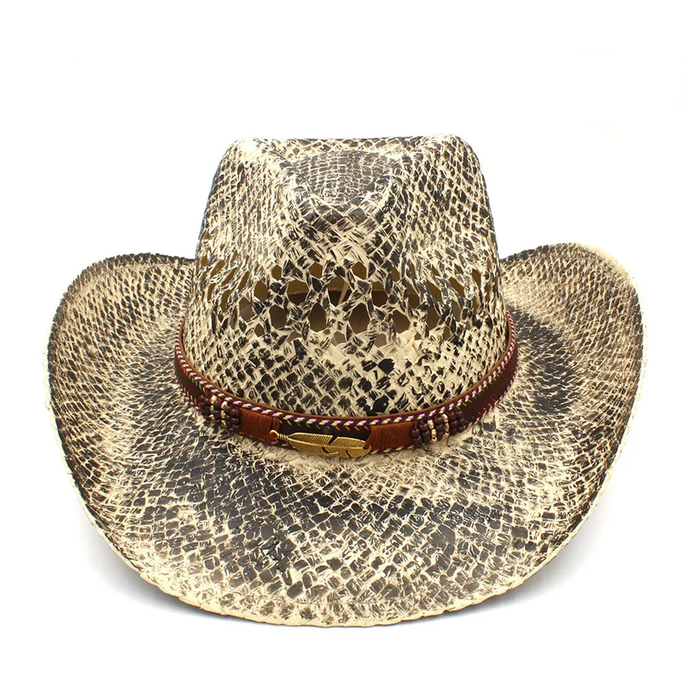 9 Women Men Straw Western Cowboy Hat Handmade Weave Lady Dad Sombrero Hombre Cowgirl Jazz Caps Bohemian Tassel Band Size 56-58CM