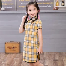 Chinese Style Baby Girls Dress Plaid Vintage Cheongsam Kids Cotton Short Sleeve Dresses Party Costume Children Clothes 2017 summer girls dresses children cheongsam style dresses chinese style baby lotus leaf hem clothing hight quality for party