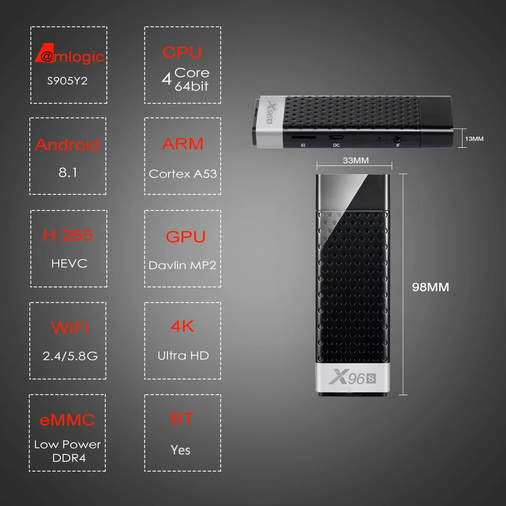 X96 S DDR4 4 ГБ ОЗУ 32 Гб ПЗУ ТВ-карта Смарт Android 8,1 ТВ-приставка Amlogic S905Y2 WiFi Bluetooth 4K HD tv Dongle мини ПК vs H96 Pro