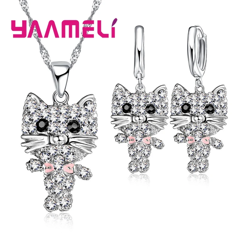 

Cute miss Cat Pendant Necklace Earrings Jewelry Set 925 Sterling Silver Full Rhinestone Cute Animal Ball Party Accessory