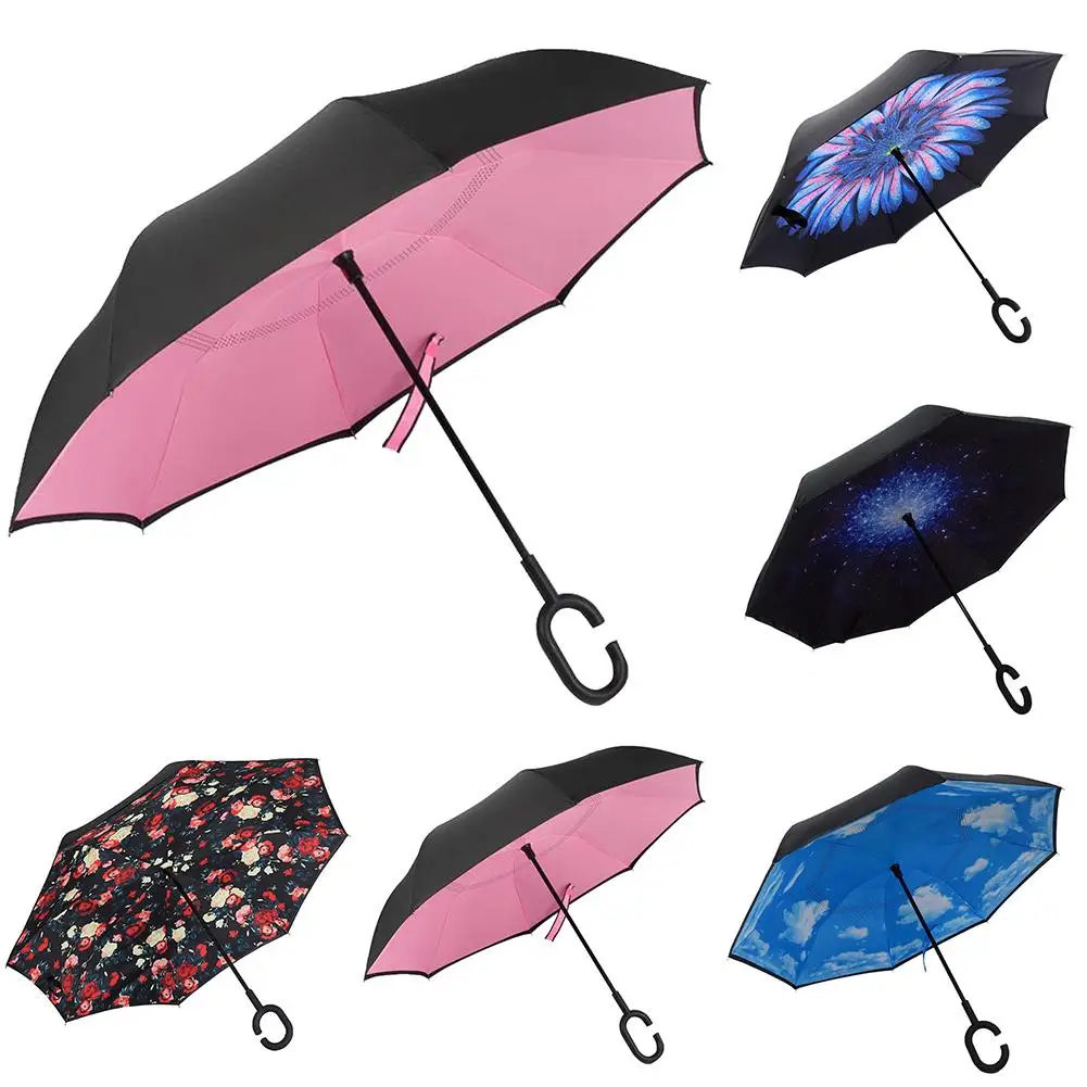 

Lady Double Layer Anti-UV Windproof C-Shaped Handle Inverted Upstanding Umbrella