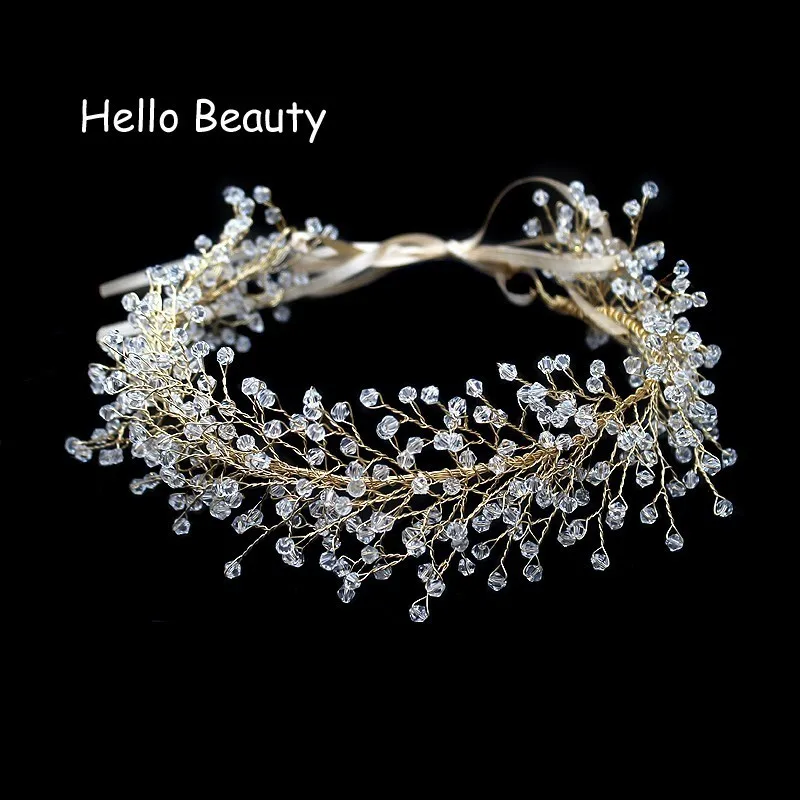 

Handmade Luxury Beads Wedding Hair Vine Crystal Headpieces Headbands With Ribbon Bridal Hair Accessories Jewelry For Bride