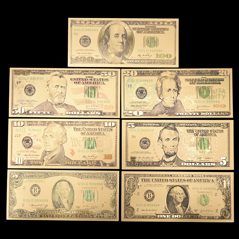 

7pcs/lot US Gold Foil Banknote America Fake Banknotes All Dollar Banknotes Paper Money Collection for Home Decoration Gift