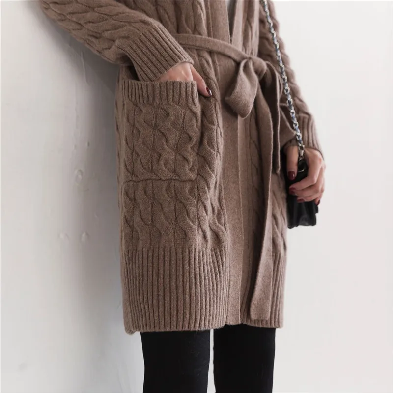 high grade 100% goat cashmere twisted thick kint women fashion autumn winter cardigans sweater coat