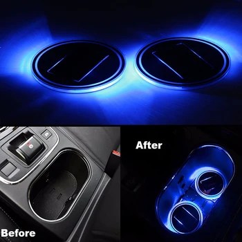 

2x 6.8cm Blue/Red/Green Acrylic Solar Cup Holder Bottom Pad LED Light Cover Trim Atmosphere Lamp For All Car