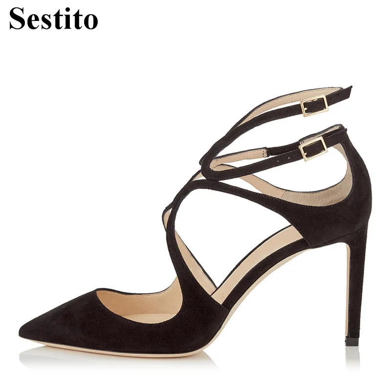 

New Sexy Solid Flock Pointed Toe High Heels Wedding Women Shoes Spring/Autumn Basic Cross-tied Super High Thin Heels Women Pumps