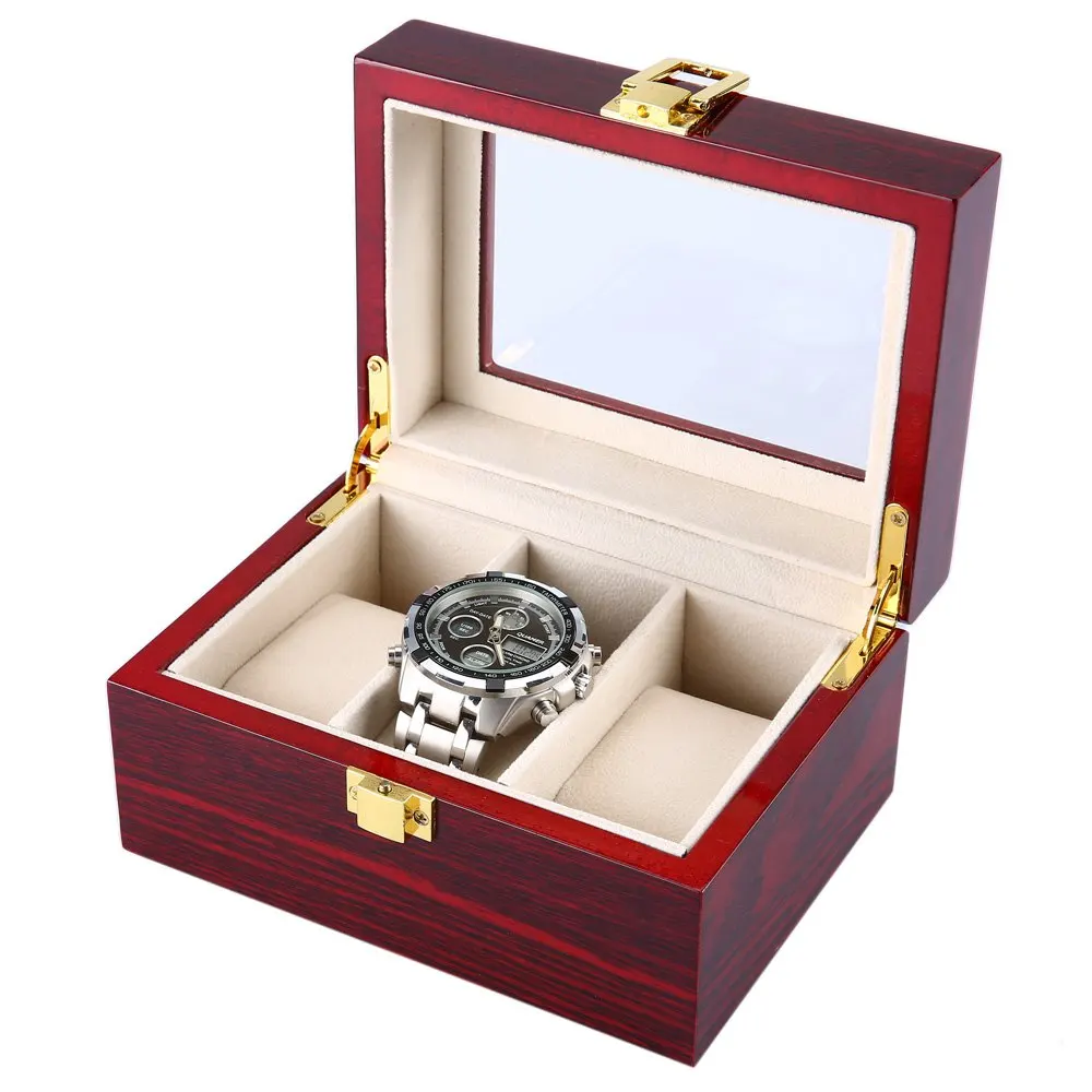 

High Quality 3 Grids Wooden Watch Case Flipping Transparent Cover Jewelry Watch Display Box Storage Holder Organizer Case Holder