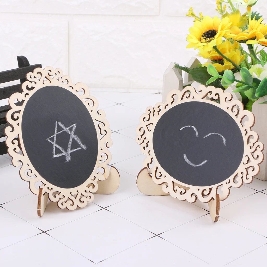 

2019 New 10pcs Oval Shape Hollow Mini Wood Chalkboard Blackboard Tabletop Message Board For Wedding Party Decor