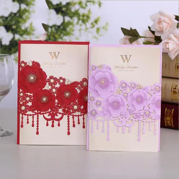 

50pcs Red Purple Laser Cut Wedding Invitations Card Rose Lace Curtain Elegant Greeting Card Customize Wedding Party Decorations