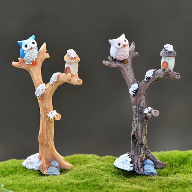 

Simulation Branch Fairy Garden Miniatures Owl on Tree Miniature Figurines Micro Landscape Decoration DIY Accessories Resin Craft