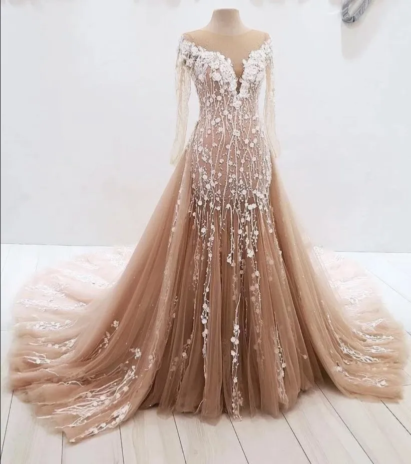 18727 25 De Réductionchampagne Dentelle Manches Longues Sirène Robe De Mariée Avec Détachable Train 3d Fleurs Appliques Surjupe Robes De Mariée