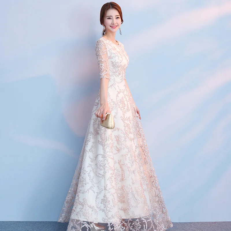 

Oversize 3XL Champagne Rayon Vintage O-Neck Long Dress Women Elegant Evening Party Cheongsam 2019 Spring Slim High Quality Qipao