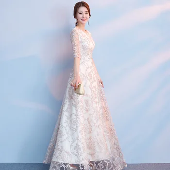 

Oversize 3XL Champagne Rayon Vintage O-Neck Long Dress Women Elegant Evening Party Cheongsam 2020 Spring Slim High Quality Qipao