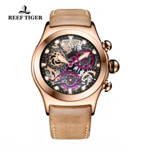 Reef Tiger/RT Mens Sport Watches Rose Gold Luminous Quartz Watches Skeleton Watches Genuine Leather Band RGA792 reef tiger rt casual couple watches for men rose gold tone analog quartz watch rga820