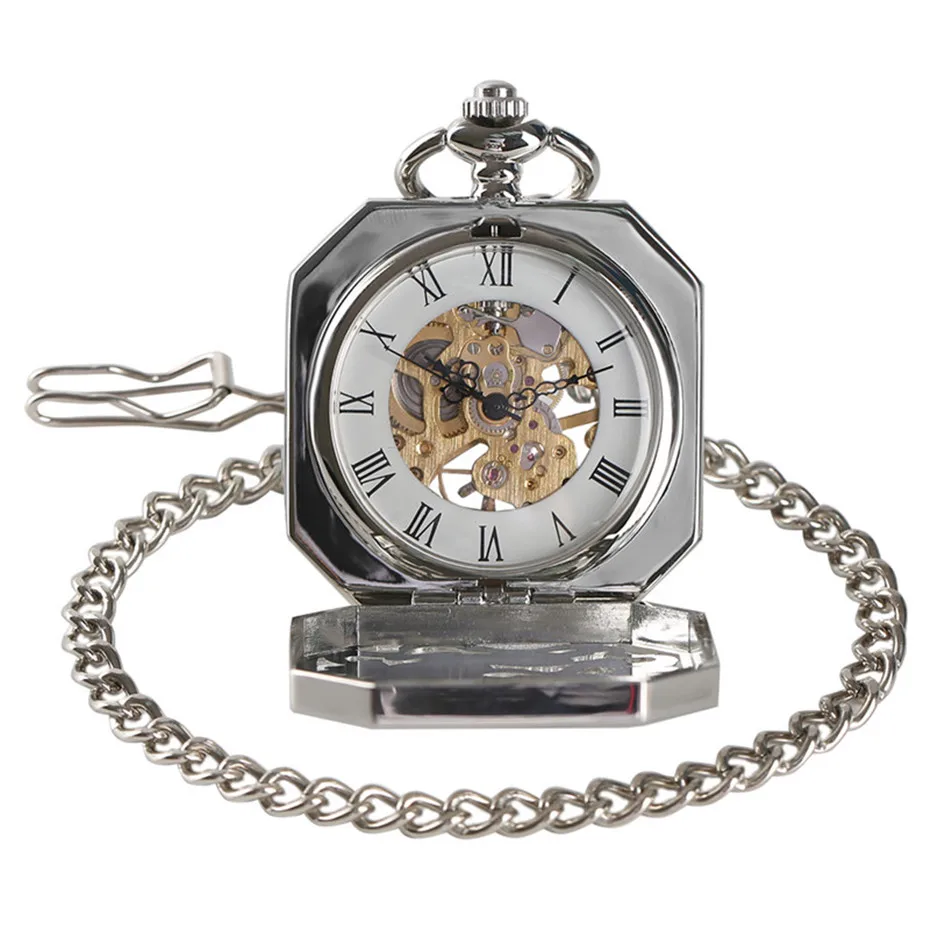 Cool Three Tiger Silver Pendant Pocket Watch Mechanical Watches Analog Retro Roman Number Irregular Hollow Mens Reloj (5)