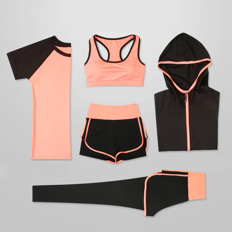 

2019 New Women 5 Piece Set for Running T-Shirt Fitness Bra Sports Wear Gym Clothing Women Workout Set Running Sports Suit