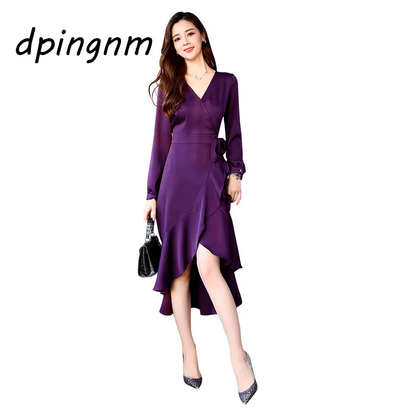 

Pack hip fishtail dress female long section autumn small fragrance temperament V-neck tie ruffled irregular