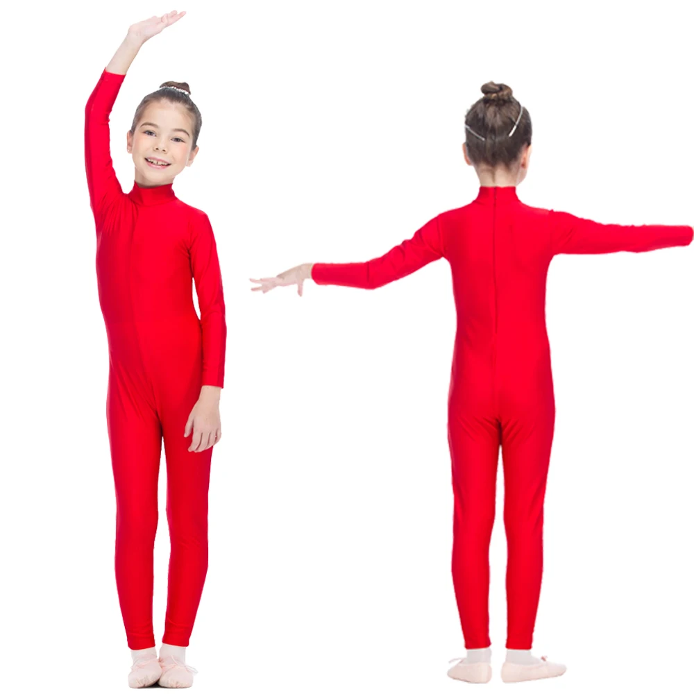 

Red Catsuit Nylon/Lycra Turtle-neck Long Sleeve with Back Zipper Unitards for Kids and Girls Gymnastics