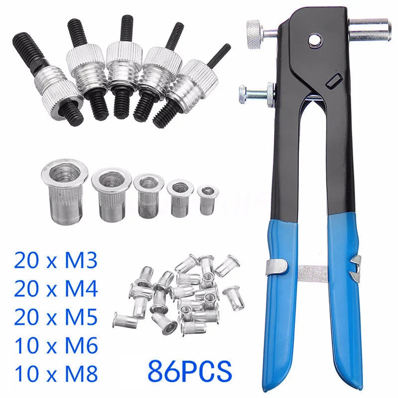 

86pcs Set Threaded Nut Rivet Insert Tool Nut M3/M4/M5/M6/M8 Riveter Repair Tools for Car Trailers Boat Building Home Workshop