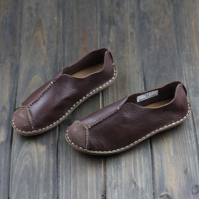 

Handmade Sewing Solid Vintage Cow Leather Shoes New 2018 Fashion Slip On Breathable Pigskin Women's Flats Genuine Leather Shoes