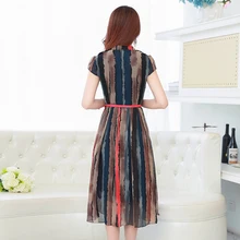 Free Shipping 2017 New Spring Summer Chiffon Dress Fashionable Long Section Plus Size Slim Short Sleeved Striped Fashion