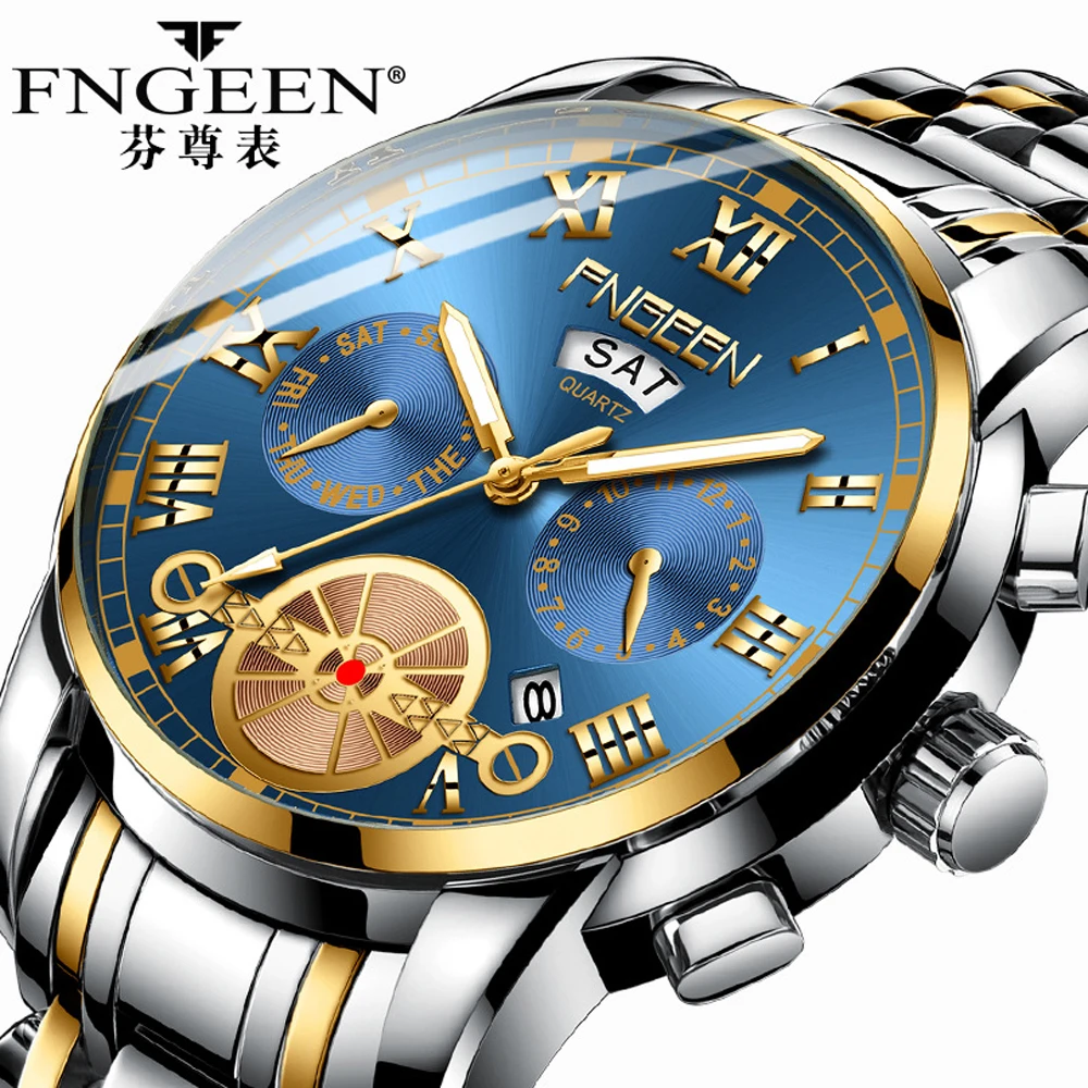 Fngeen-ファッショナブルな高級メンズウォッチ,腕時計,クォーツ 
