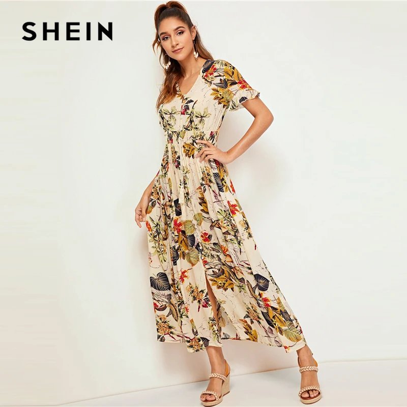 Ceny SHEIN nadruk roślinny Tropical Shirred talia guzik przód sukienka 2019 Boho kobiety morela wzburzyć krawat przód V Neck letnia sukienka