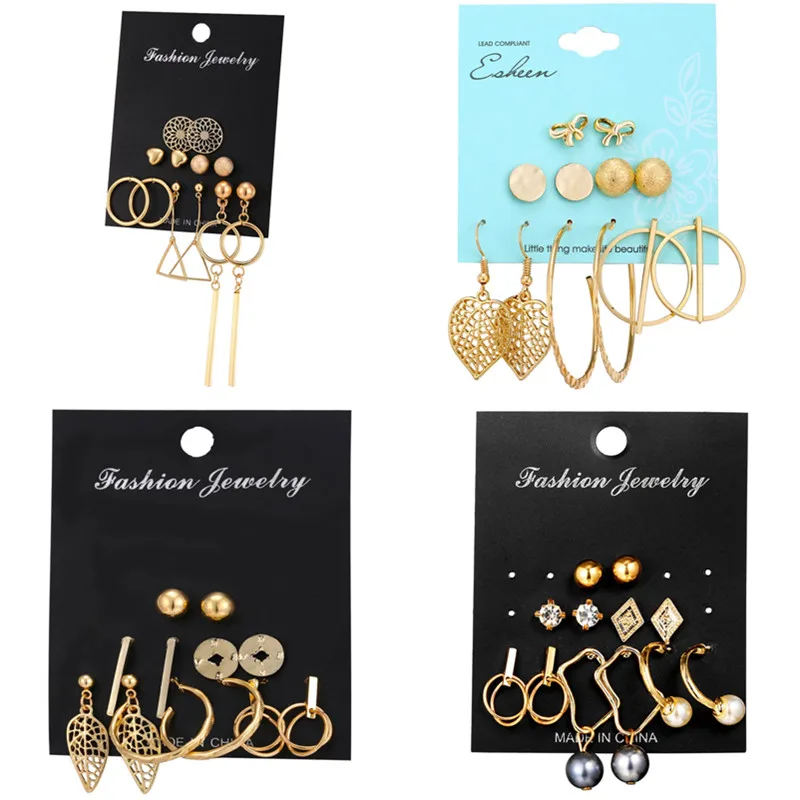 

New Gold Color Geometric Earring Set For Women 2019 Fashion Pearl Long Tassel Circle Korean Women Stud Earrings Set Jewelry
