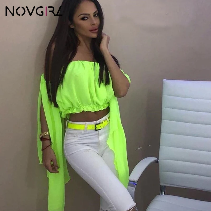 

Novgirl Off Shoulder Sexy Neon Blouse Shirt Women 2019 Summer Orange Green Strapless Split Tops Femme Long Sleeve Chiffon Blouse