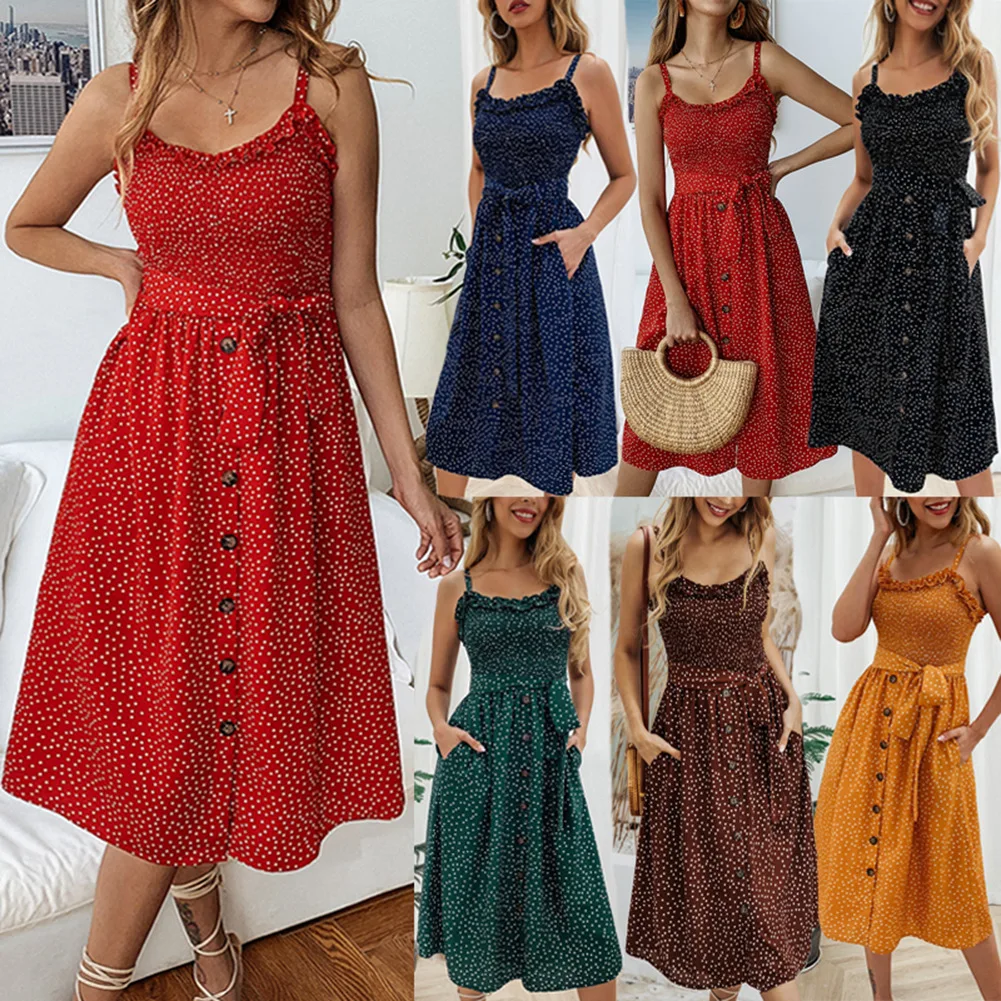 

2019 New Women Casual Retro Ruffle Slim Wave Point High Waist Spaghetti Strap Dress