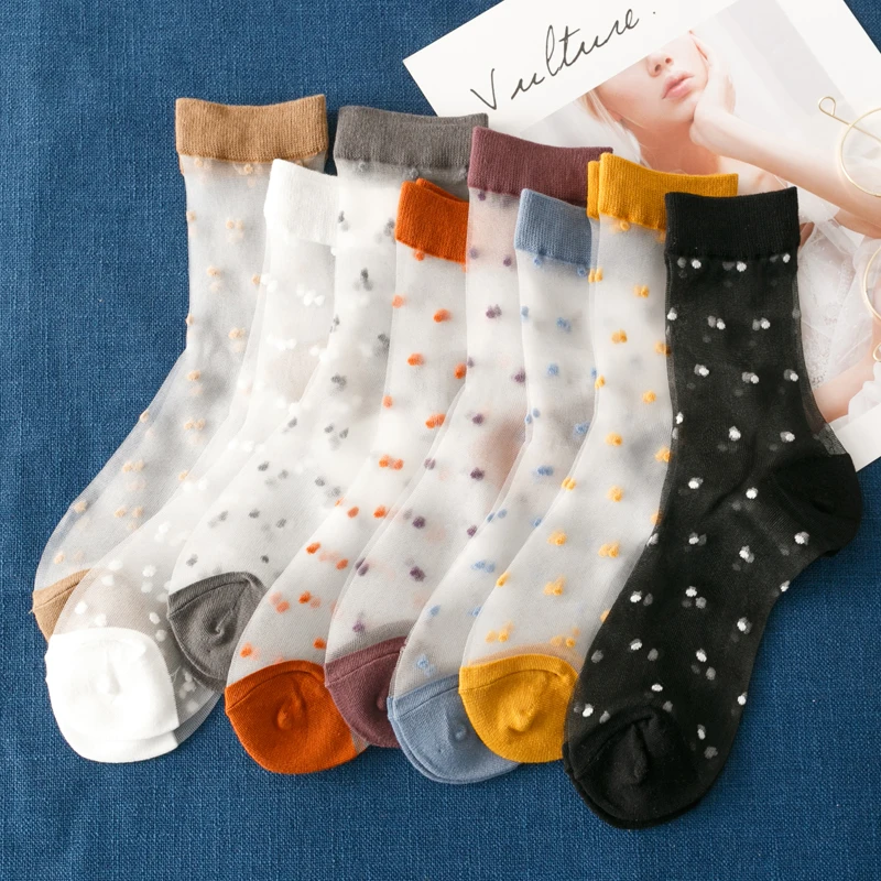 

Vintage Dot Patterned Transparent Woman Short Socks Fashion Glass Hollow Out Socks Ankle Colored Hipster Art Funny Socks