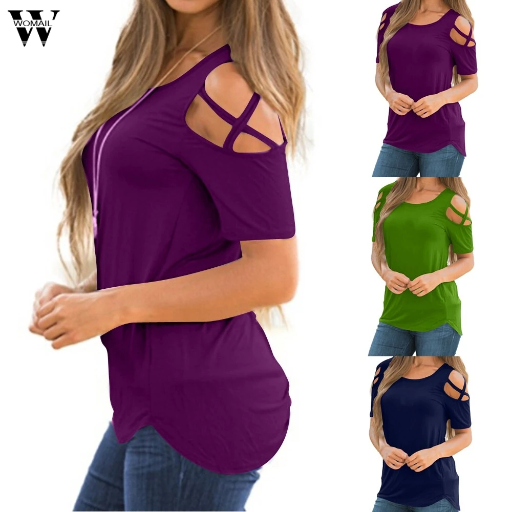 Women Summer Short Sleeve Strappy Cold Shoulder Tops