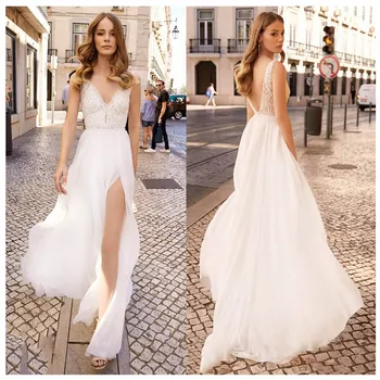 

LORIE Sexy Beach Wedding Dress For Girl Side Split Appliques Boho Bride Dress Backless V Neck Floor Length Chiffon Wedding Gown
