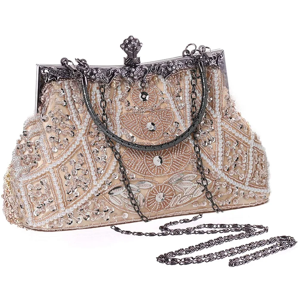 

Beaded Sequin Design Flower Evening Purse Large Clutch Bag