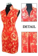 Elegant Red Ladies Satin Cheongsam Fashion Mini Qipao Novelty V-Neck Dress Flower S M L XL XXL XXXL Mujere Vestido