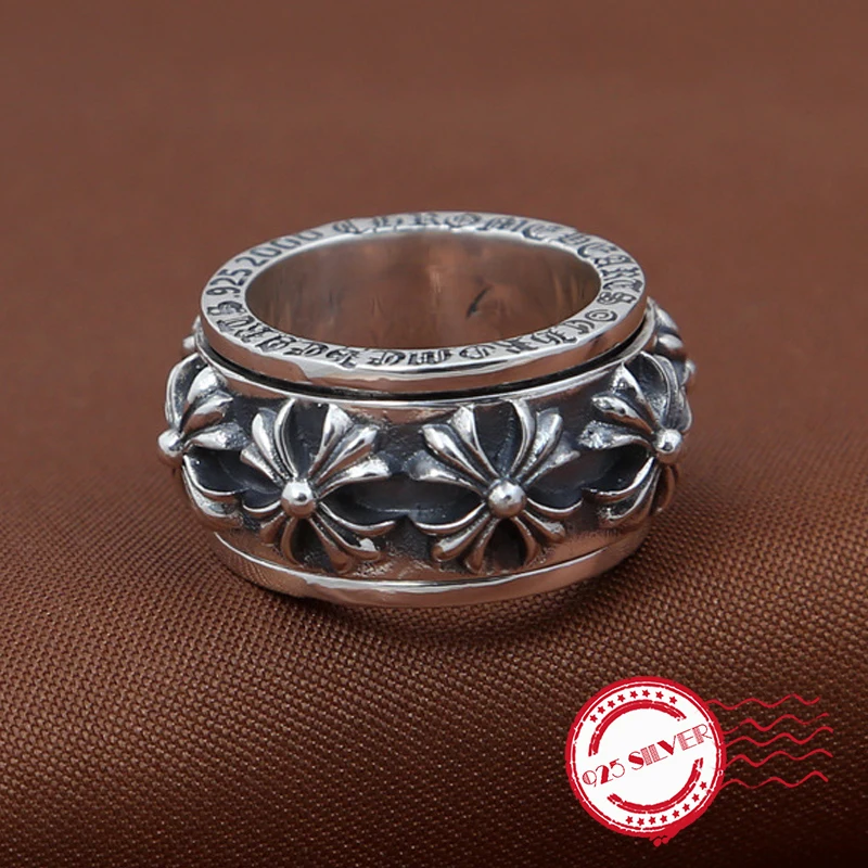 

S925 sterling silver ring jewelry handmade Thai silver men's eternal cross army flower rotating to send gifts 2019