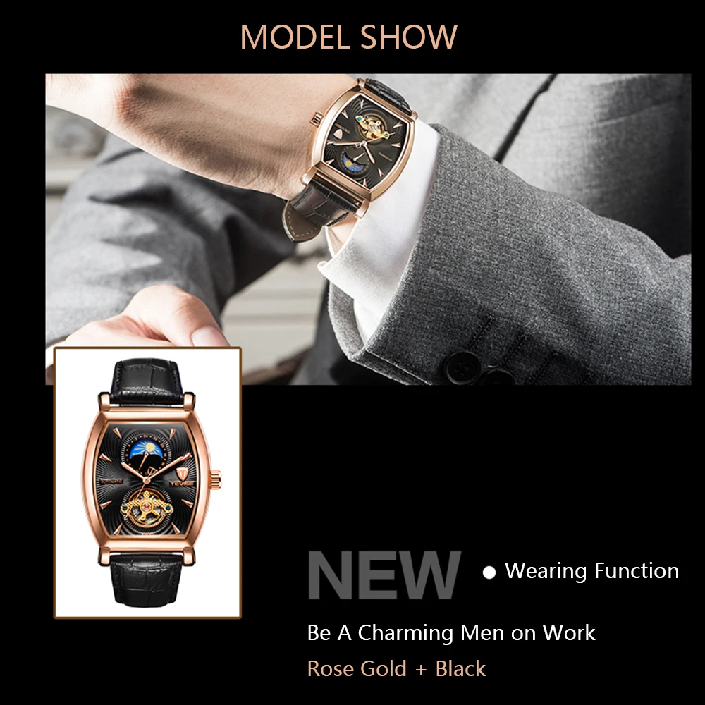 TEVISE Mens Watches Tonneau Moon Phase Automatic Watch Waterproof Self-Wind Mechanical Wristwatches Leather Strap + Box 8383D (12)