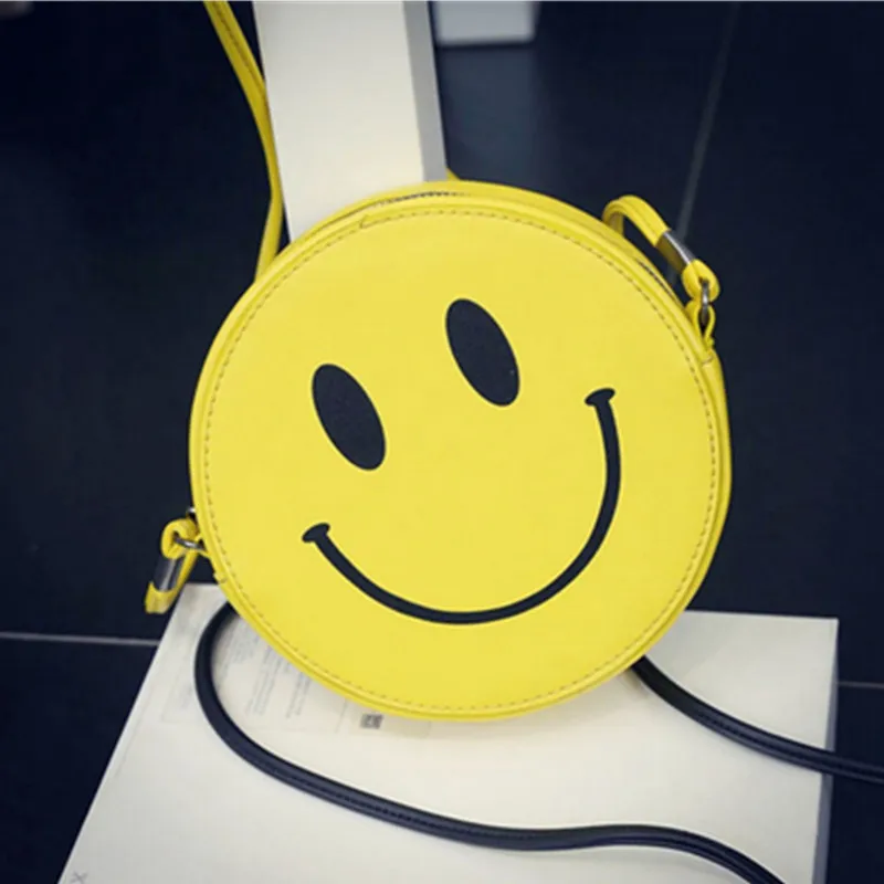 

Women PU Leather Emoji Circular Bag Girls Cartoon Expression Small Round Shape Bag Cute Smile Face Print