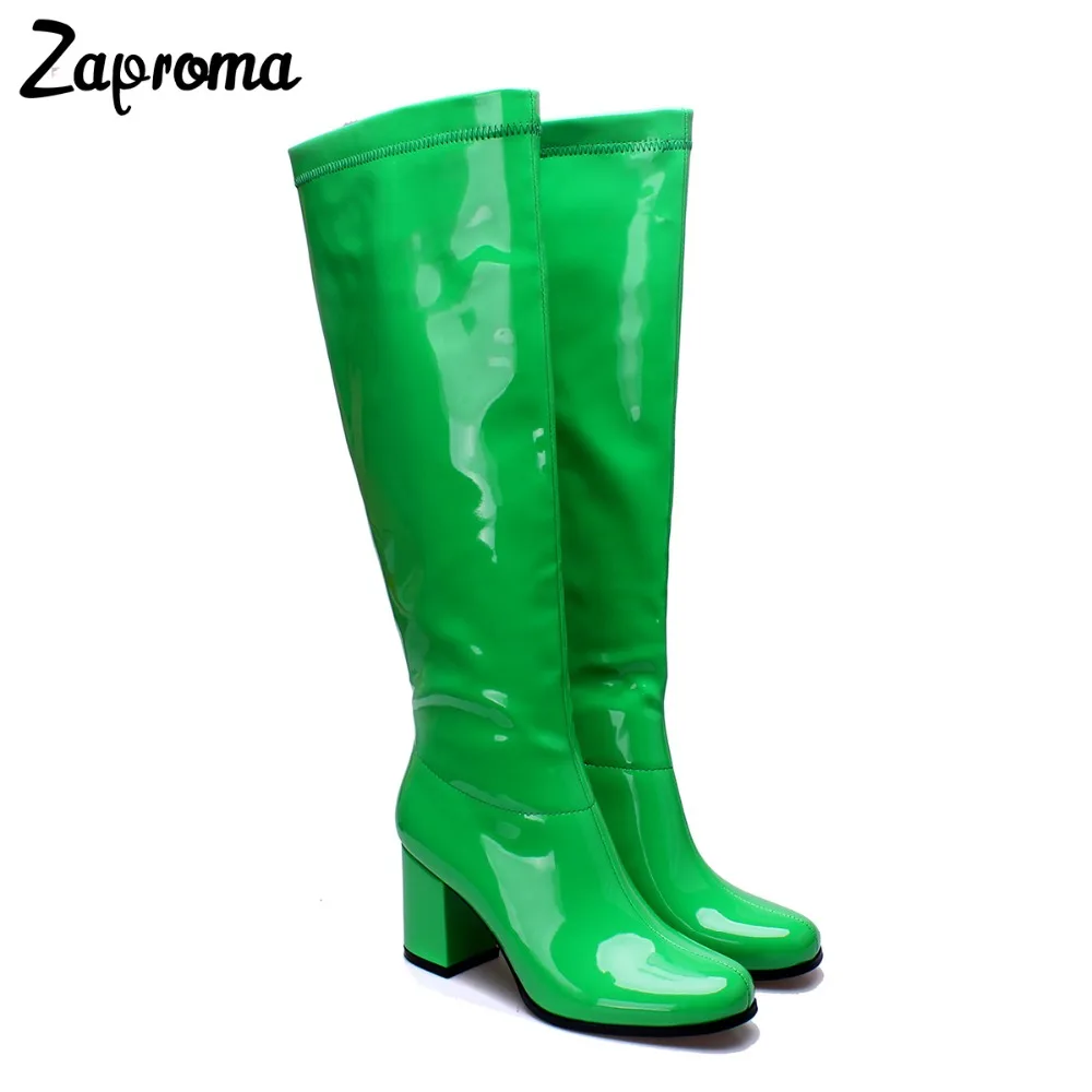 Glitter Women Patent Leather Go Go Boots Knee High Chunky Heel Winter