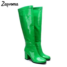 

Glitter Women Patent Leather Go Go Boots Knee High Chunky Heel Winter Short Plush Shoes Med Heel Shiny Green Rain Boot Plus Size