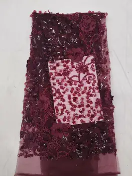 

2019 Latest African Net Lace Fabric, High Quality 3d Sequins Nigerian Wedding Lace Fabrics 5Yards Sequins French red Tulle lace