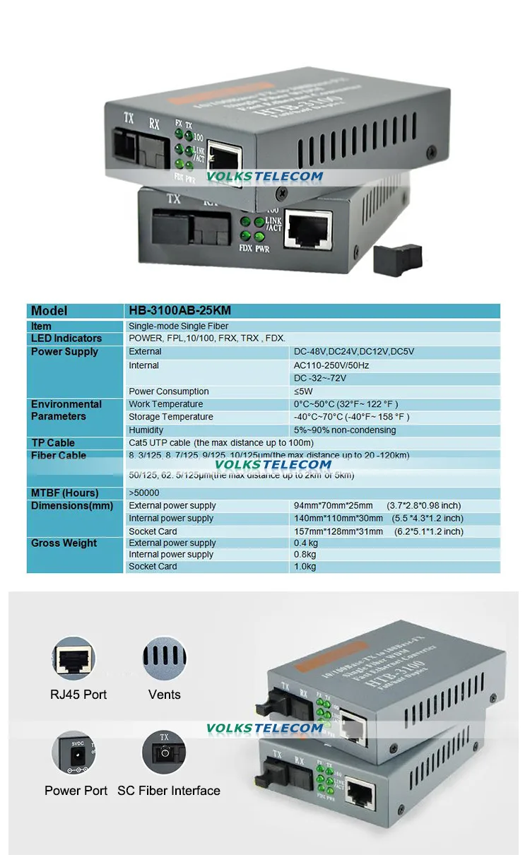 Htb-3100ab оптический Волокно Ethernet Media Converter один Волокно конвертер 25 км SC 10/100 м 1 пара