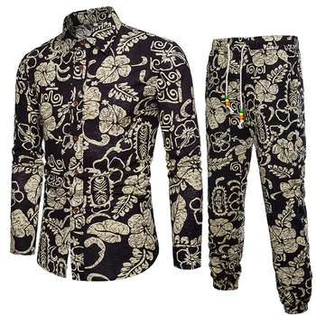 

Mens Casual Long Sleeve Shirt Business Slim Fit Shirt Print Blouse Top+Pants